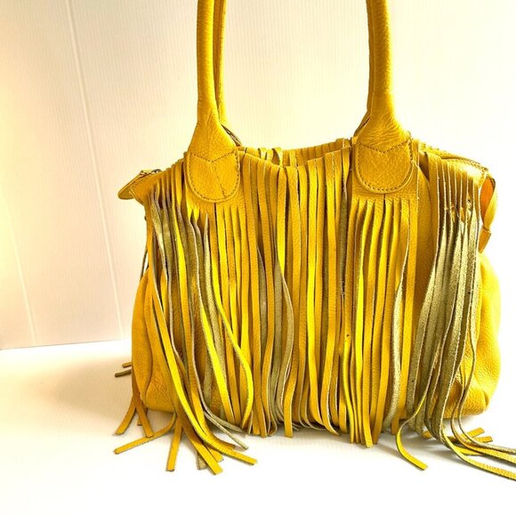Alberta Di Canio Fringe Shoulder Bag Pebbled Leather Yellow Boho Western Hippie - Picture 8 of 16